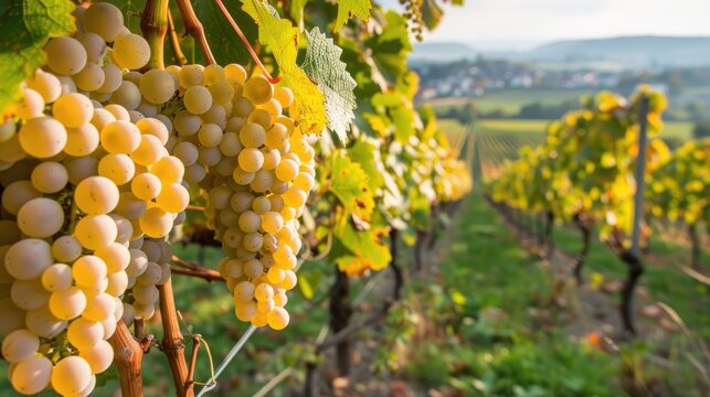 Ripe white riesling grape vineyard preparations for harvesting