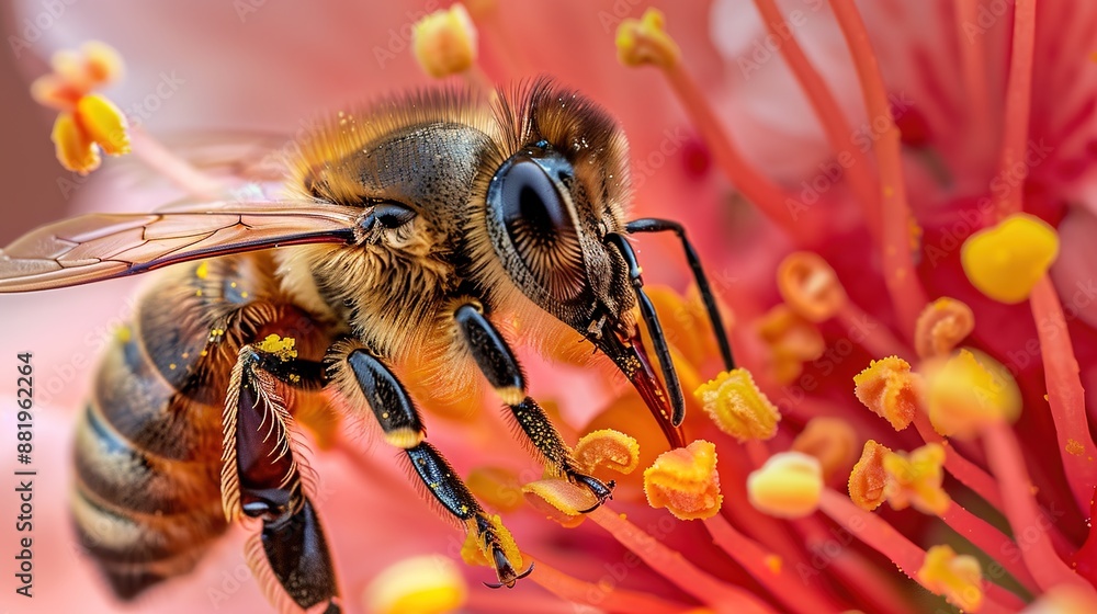 Poster close-up macro shot of honeybee pollinating flower with intricate details