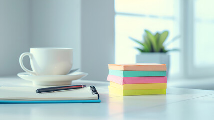 Organized Desk with Colorful Sticky Notes and Coffee Cup