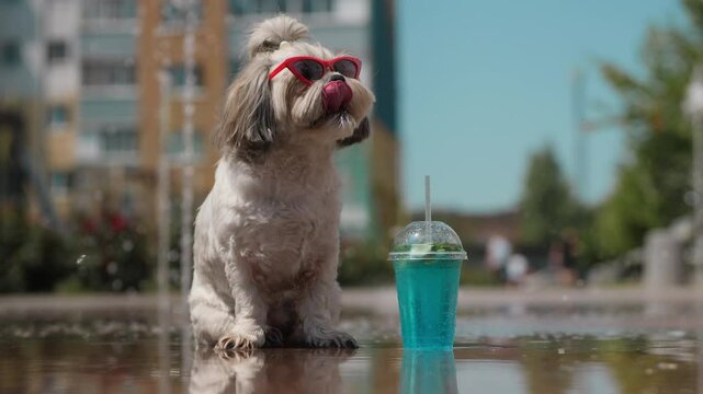 A small Shih Tzu dog in red sunglasses sniffs a cocktail with a blue drink. The dog sits on a wet surface against the backdrop of modern urban buildings