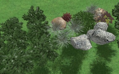 3d image of landscape design of a park area. Landscape planning of the territory. Computer visualization of compositional solutions for the improvement of urban areas.