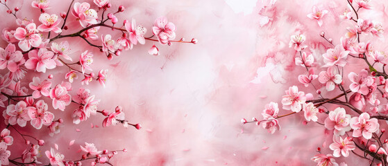 Fototapeta premium old vintage grunge wide paper journal with empty space in the middle and watercolor blooming pink Cherry blossom sakura flowers with leaf border frame