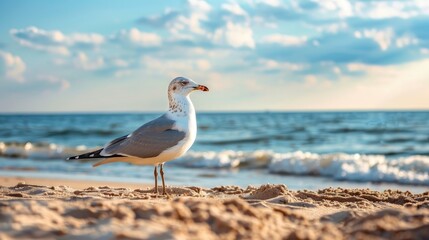 Fototapeta premium Seagull on sandy Baltic Sea coast with ocean in the background