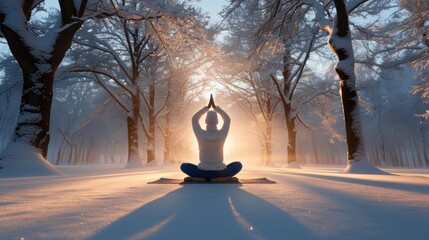 Woman meditating in snowy forest with sun shining through trees