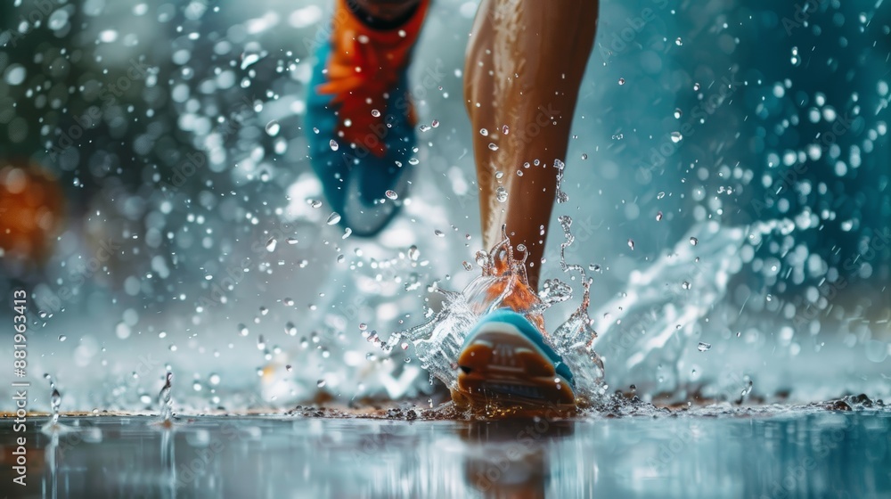 Poster close-up steeplechase runner splashing through water with intense focus and action