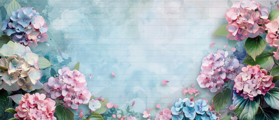 old vintage grunge wide paper journal with empty space in the middle and watercolor blooming Hydrangea flowers with leaf border frame