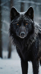 Naklejka premium A portrait of a black lone wolf in the winter snow staring directly at the camera