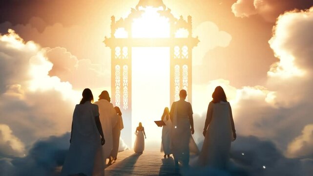 church concept: worship and praise. Heavenly spirit. Human walking on clouds to gate of heaven. Angel in sky clouds. Hope and believe concept of god. 4k video