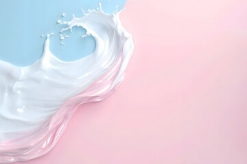 White liquid splash on pastel pink and blue background, fluid wave effect.