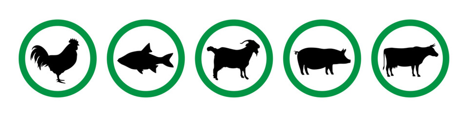 Non vegetarian eating allowed symbol with beef, pig, goat, fish and chicken meat icon set in green color. Meat eating allowed icon set vector illustration.