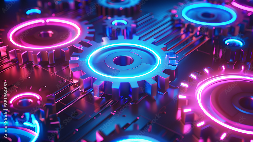Poster neon gears to represent automated workflow, project management time planning business concept.