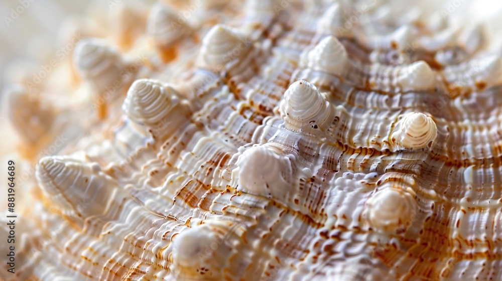 Poster macro shot of textured seashell in soft natural light revealing intricate details and patterns