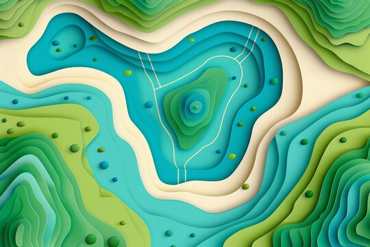 Topographic map, detailed paths and plotting points, flat design illustration, field of dept deep odject, all cover focus text, for spacecopy
