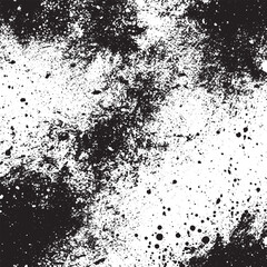 A black and white grunge texture template, characterized by a dark overlay of messy dust. The distressed background is abstract, dotted, and scratched, offering a vintage noise grain effect