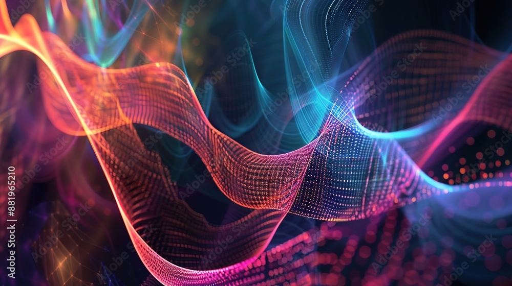 Poster dynamic sine wave patterns and fractal elements abstract background for music spectrum and quantum t