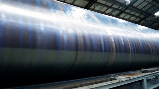 A long pipe is being manufactured in a large industrial building. The pipe is made of steel and is being rolled out on a conveyor belt