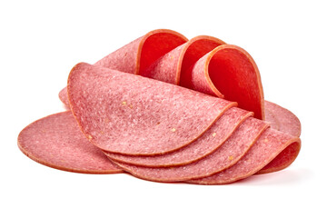 Thin salami sausage slices, isolated on white background.