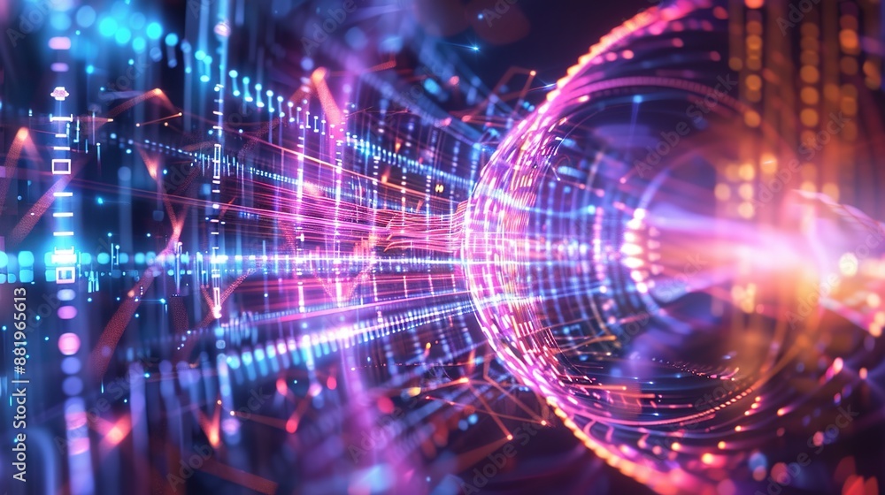 Poster vibrant sine wave patterns and light flares - ideal for sound engineering and theoretical physics co