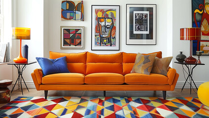 A vibrant living room with an eclectic mix of art and decor, featuring a colorful sofa, bold patterned rug, and an array of unique art pieces on the walls.