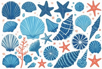 Fototapeta premium Elegant Seashell Silhouettes with White Border | Summer Vector Illustration