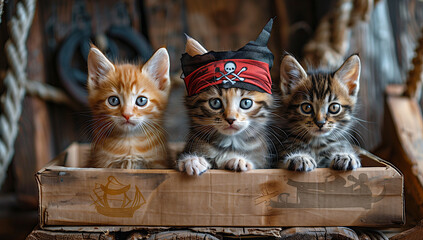 A trio of kittens dressed in pirate outfits, sitting in a cardboard box boat