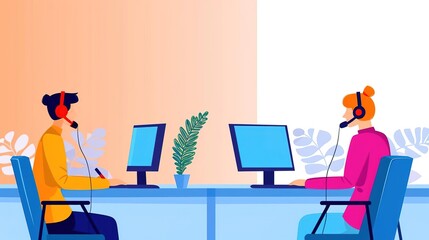 Customer service, hotline operators consult customers with headsets on computers, 247 global online technical support, Call center, call processing system