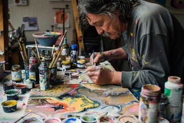 Painter Diligently Creating Art on Canvas with Vibrant Colors and Brushes in Studio Setting