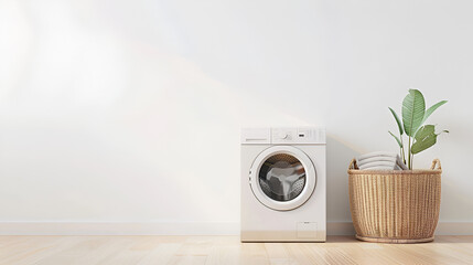 Modern washing machine and laundry basket near white wall, text space. Bathroom interior. 
