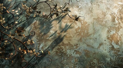 Artistic Curly Bushes Branches on Textured Background with Shadows, Vintage Style Photo Wallpaper for Interior Decor
