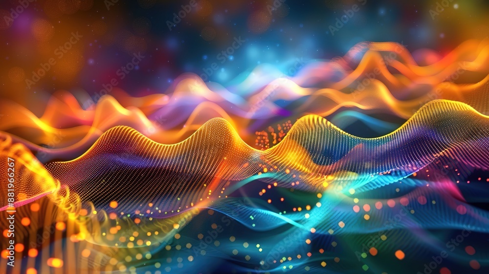 Poster vibrant sine vibrations and fractal patterns: a creative background for music visualization and quan