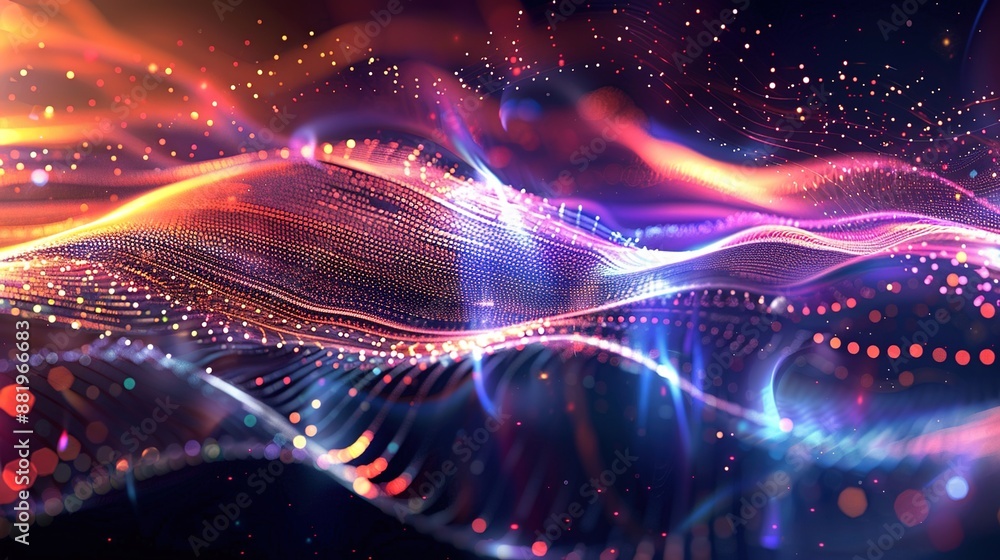 Poster techno sine wave symphony - digital artwork of intricate sine wave patterns with vibrant light effec