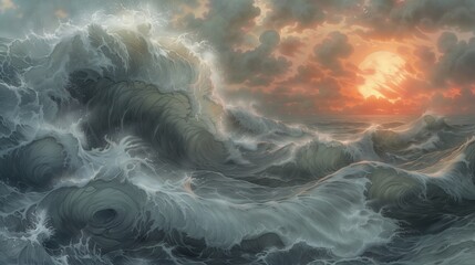 Obraz premium Dramatic Ocean Waves with Sunset and Stormy Clouds in Digital Art 