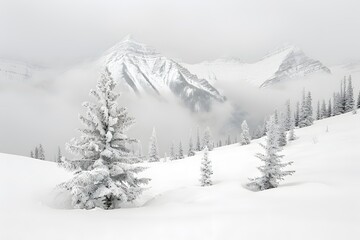 Naklejka premium Snow-covered pines stand tall with misty, rugged mountain peaks in winter.
