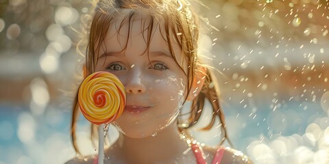 Young girl enjoying lollipop while getting sprayed with hose on hot day. Concept Summer Fun, Refreshing Treat, Playful Portraits, Child's Joy, Sweet indulgence