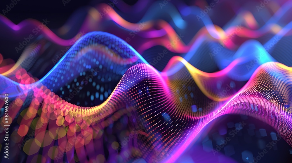 Poster vibrant sine waves and light patterns: a digital illustration for sound visualization and quantum ph
