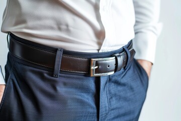 Close-up of a black men's belt around his waist, denim pants, white shirt tucked into denim pants.