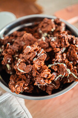 Bowl of Delicious Crispy Choclate Chip Cookies with White Choclate Decoration Freshly Baked for Christmas Close Up