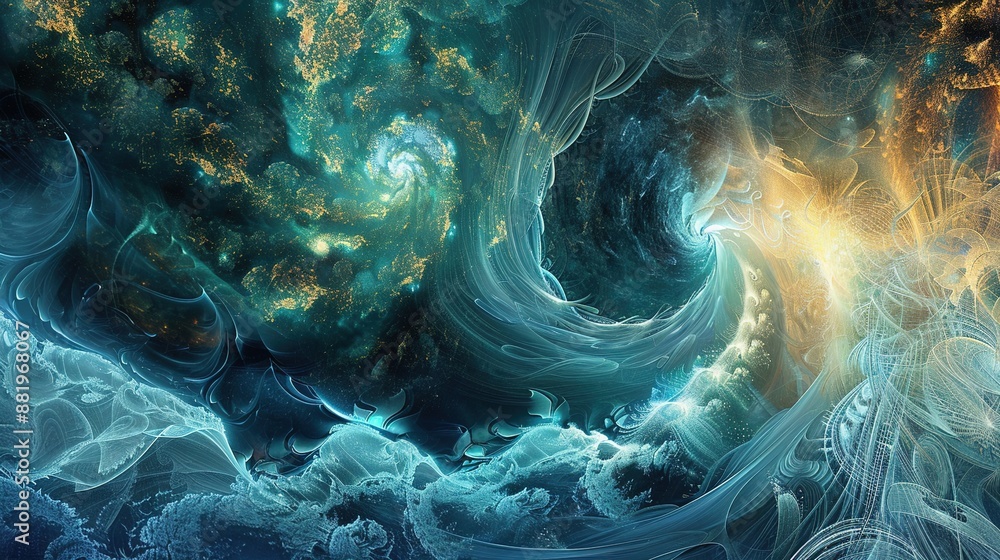 Poster quantum waveforms: fractal art illustrating audio technology concepts