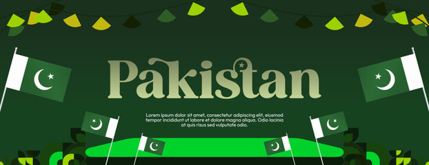 Pakistan Independence Day banner in modern geometric style. Wide banner with typography and also country flag. Background for National holiday celebration party. Happy Independence Day of Pakistan