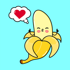 Cute funny Banana doing yoga with speech bubble. Vector hand drawn cartoon kawaii character illustration icon. Isolated on blue background. Banana in love character concept