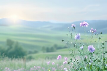Delicate wildflowers bloom in a serene meadow at sunrise with a rolling hills backdrop
