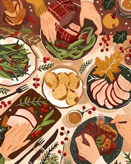 Festive Holiday Feast with Traditional Dishes and Cozy Color Scheme