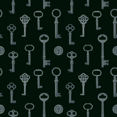Seamless pattern with old wintage silver keys on black background. Vector repeating background in vintage style. Suitable for wallpaper, wrapping paper or fabric design