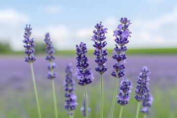 Close-up of blooming lavender flowers against a soft-focus lavender field and blue sky backdrop.