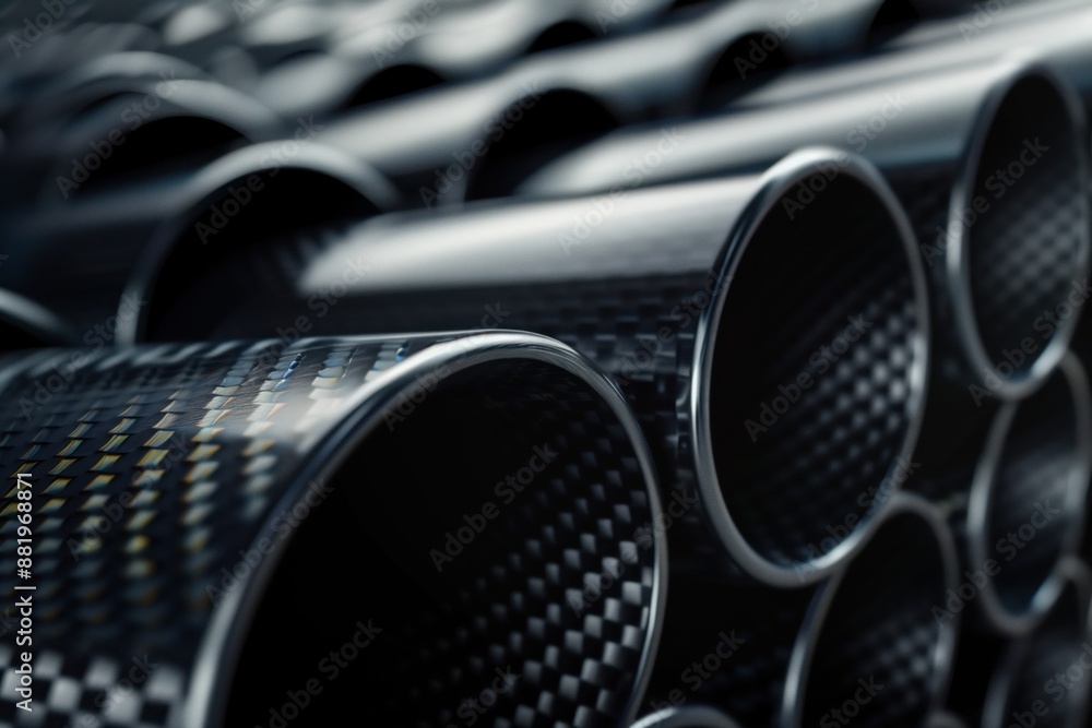 Poster Close-up view of black pipes with Carbon fiber arranged diagonally. Each pipe has distinct texture from smooth to rough adding visual interest. Blurred background draws focus on intricate details.