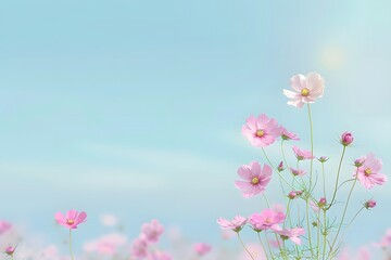 Obraz premium Blooming pink cosmos flowers under clear blue sky with soft sunlight enhancing delicate petals