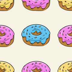 Donut seamless pattern, sketch, snack isolated.