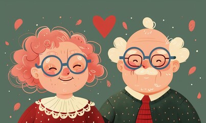 Illustration of Elderly Couple with Heart Detail on Green Background