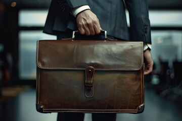A well-dressed man exudes confidence and professionalism, holding a briefcase that signifies his corporate identity. He is ready to take on the business world.