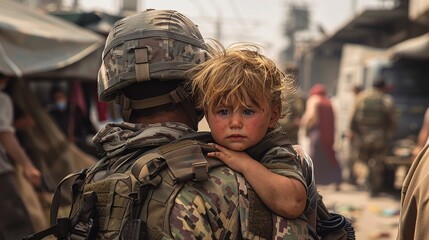 Soldier carrying a young child in arms during a rescue mission